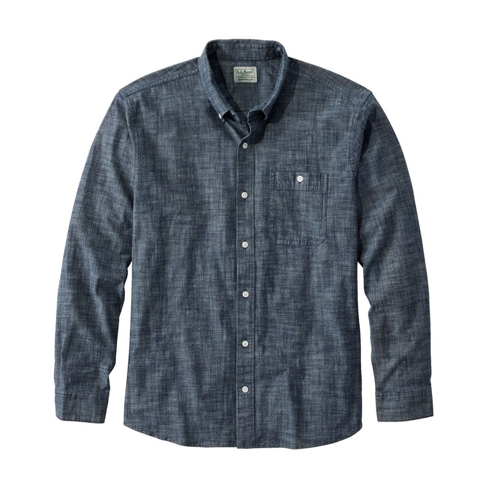 LL Bean Button Down Shirt Mens L Blue Cotton Spandex Traditional Fit Chambray